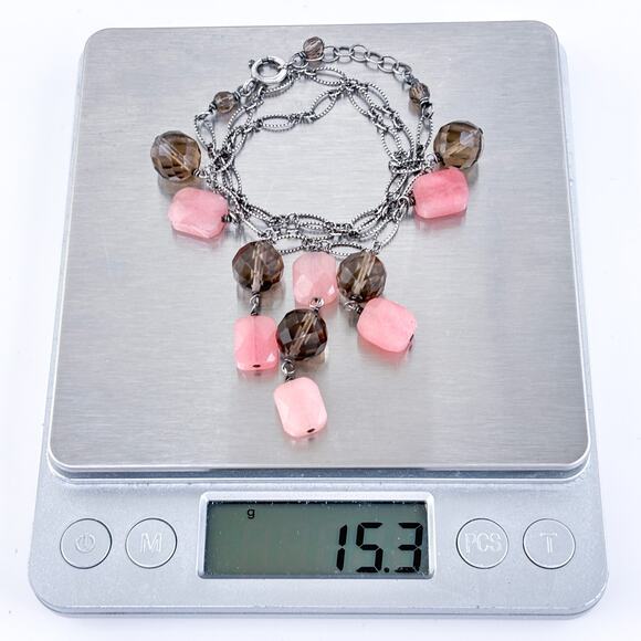 Smoky Rose Quartz Dangle Bib Necklace | Vintage Sterling Silver 925 | 16"-17" - Picture 5 of 5